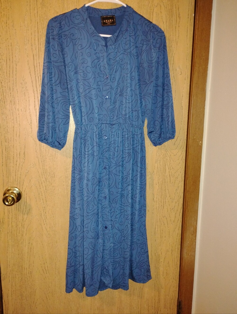 Amana Vintage/Retro Blue Paisley Swirl Button-Front Midi Dress Small